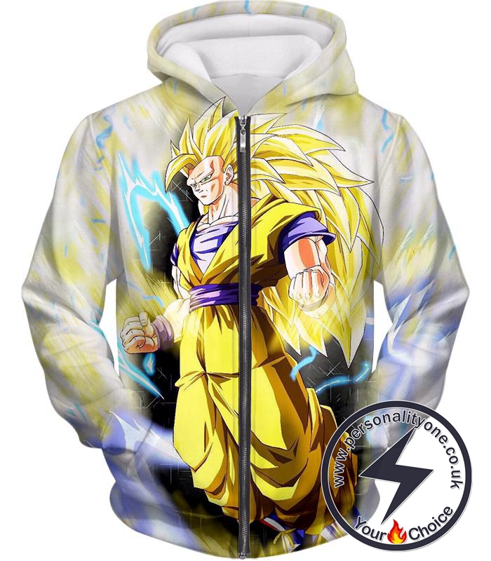 Dragon Ball Super Ultimate Goku Super Saiyan 3 Awesome Anime White Zip Up Hoodie